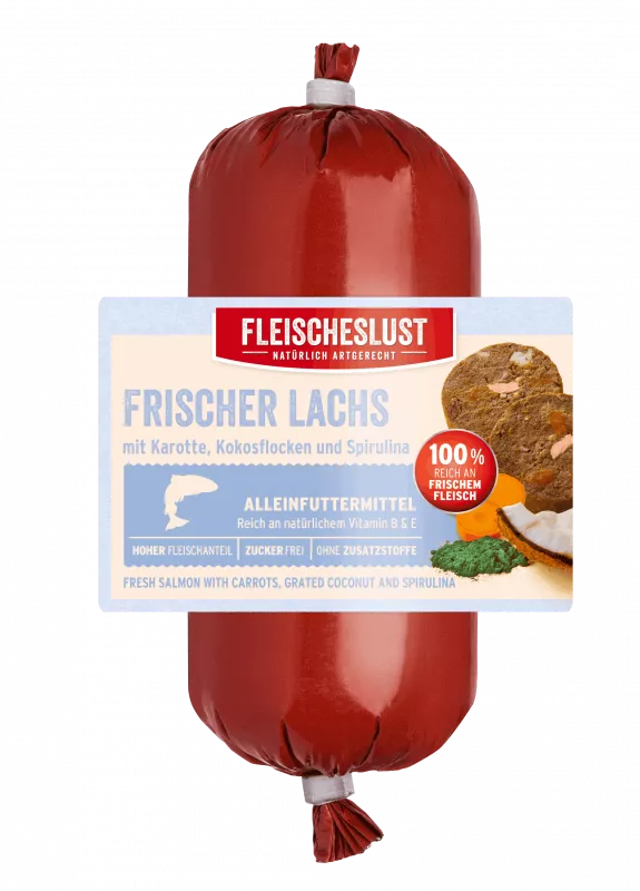 Frischer Lachs mit Rind, Karotten, Kürbis und Kokos 200g